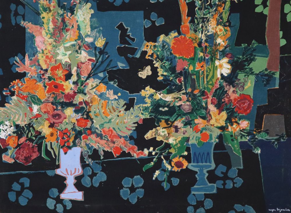 Roger Bezombes (1913-1994), printed fabric panel, Still life of flowers in urns, signed, unframed, 102 x 132cm